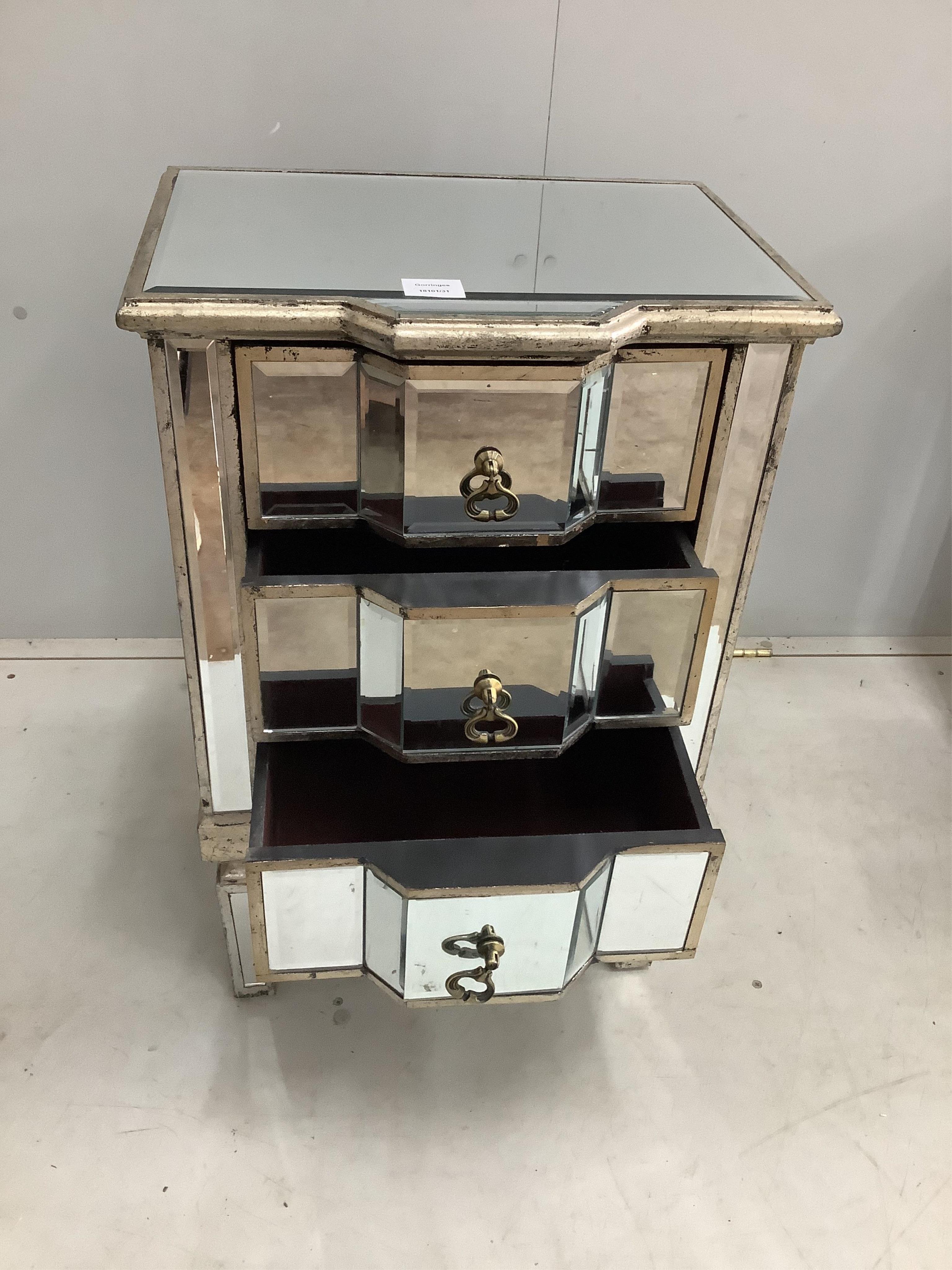 A pair of modern Venetian style mirrored three drawer bedside chests, width 47cm, height 72cm